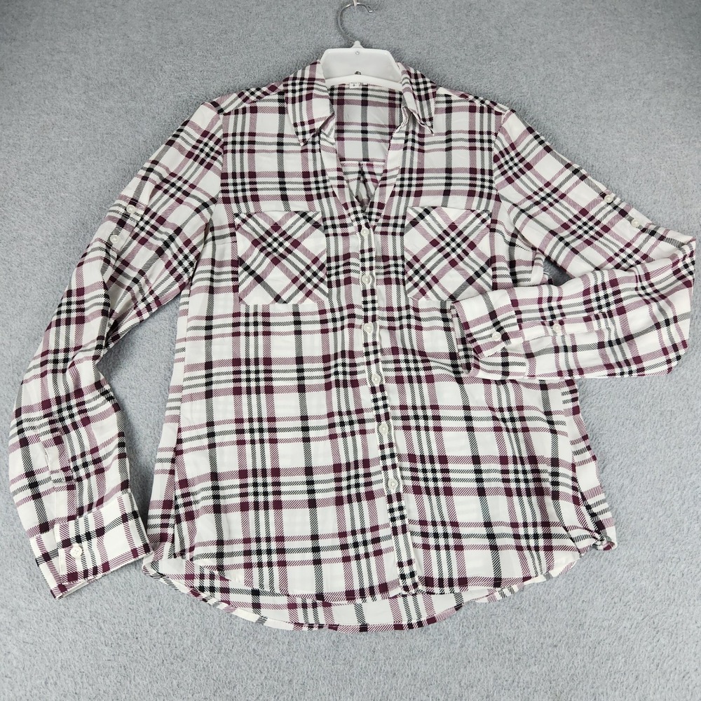 Express The Portofino Shirt Womens Small White Burgundy Plaid Roll-Tab Sleeve